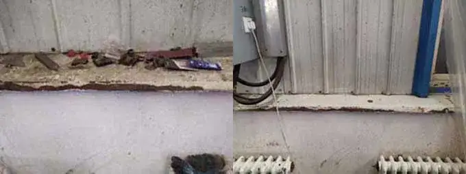 Workshop floor and wall before and after cleaning