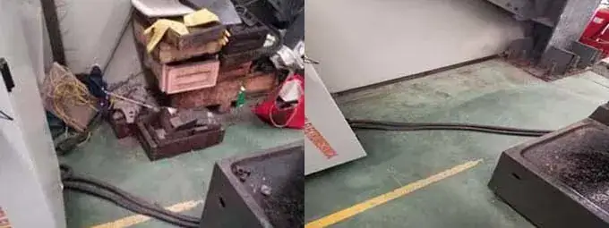 Workshop floor beside equipment before and after cleaning