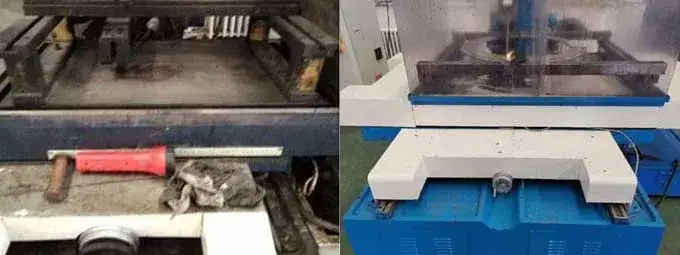 Machine base and surrounding floor before and after cleaning