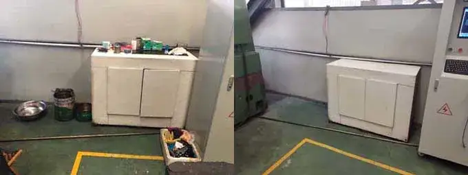 Workshop storage area before and after cleaning