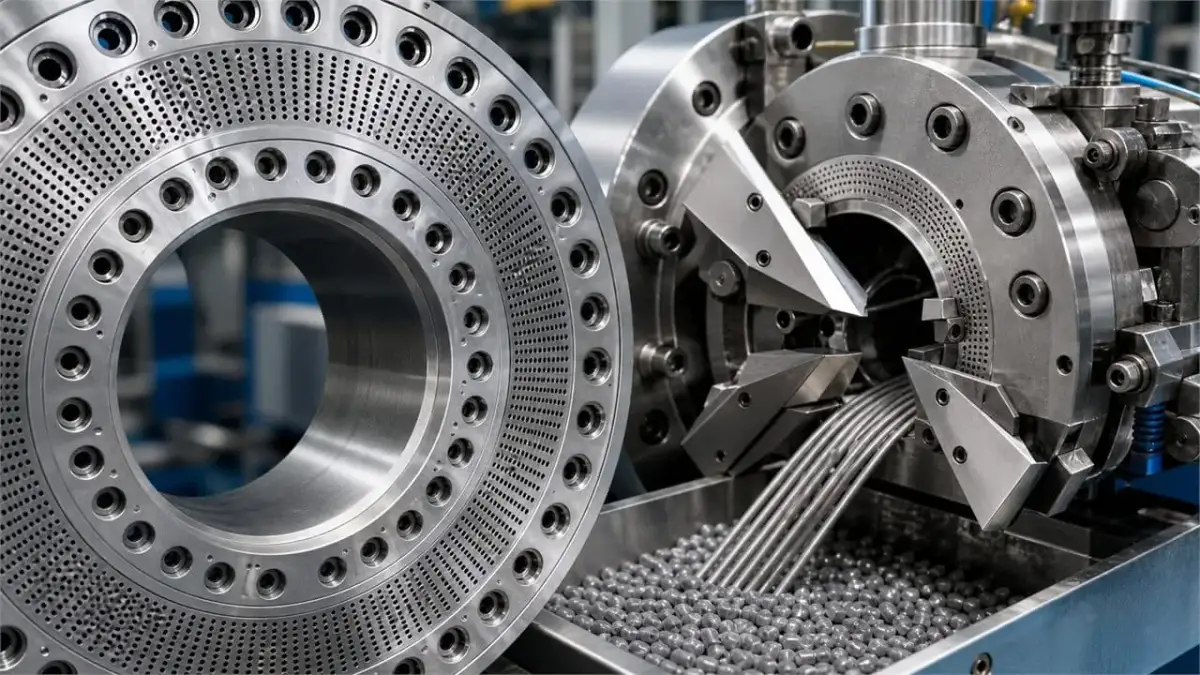 Pelletizer die plate hole pattern and cutting assembly