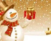 Snowman holding a gift against a festive background