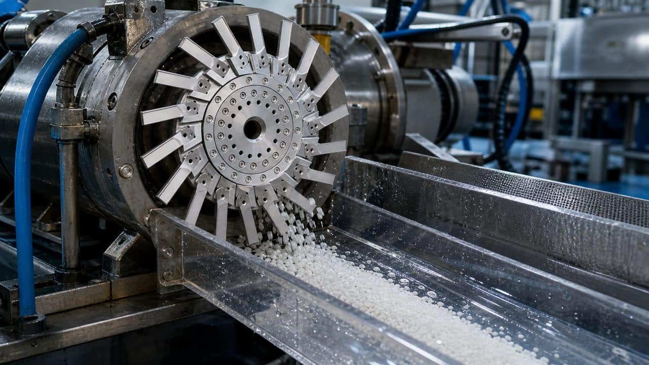 Installed pelletizer knife working near a die face