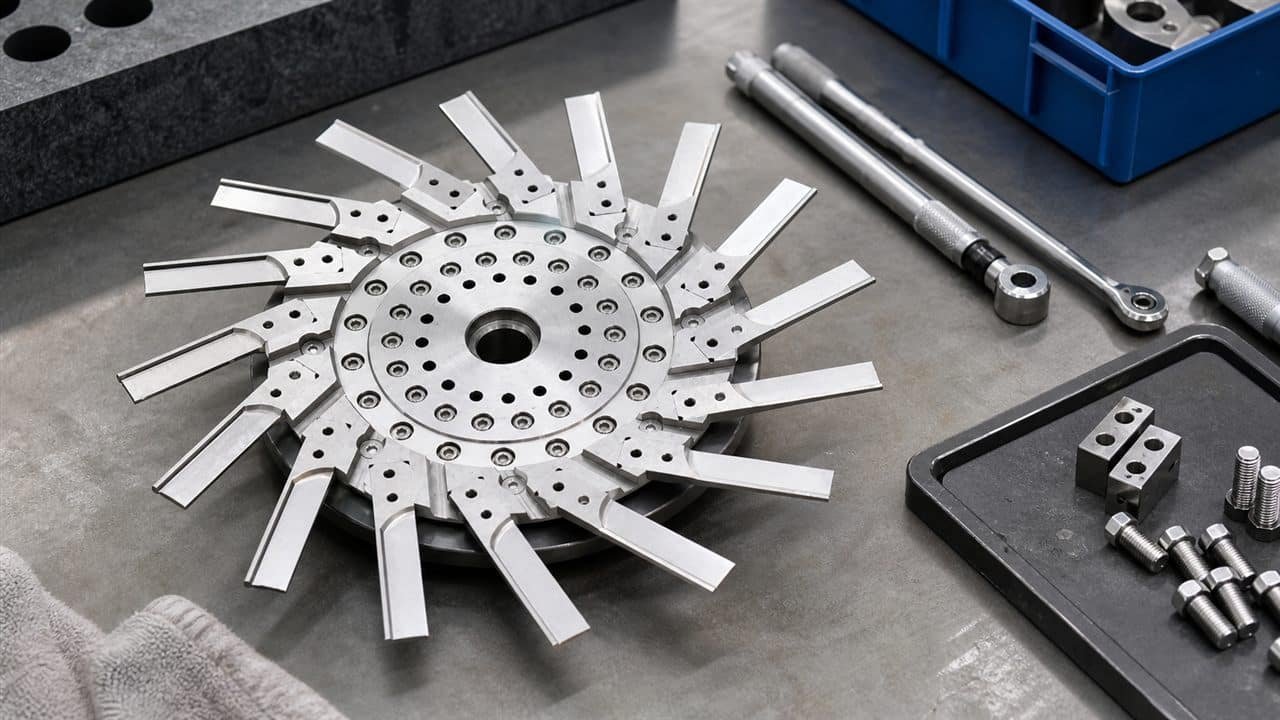 Pelletizer knife maintenance inspection on a workbench