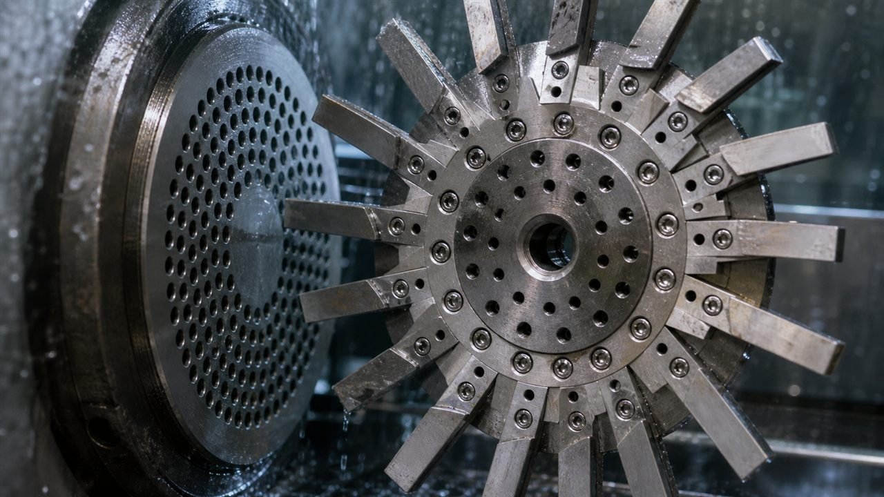 Pelletizing knife and die face operating contact