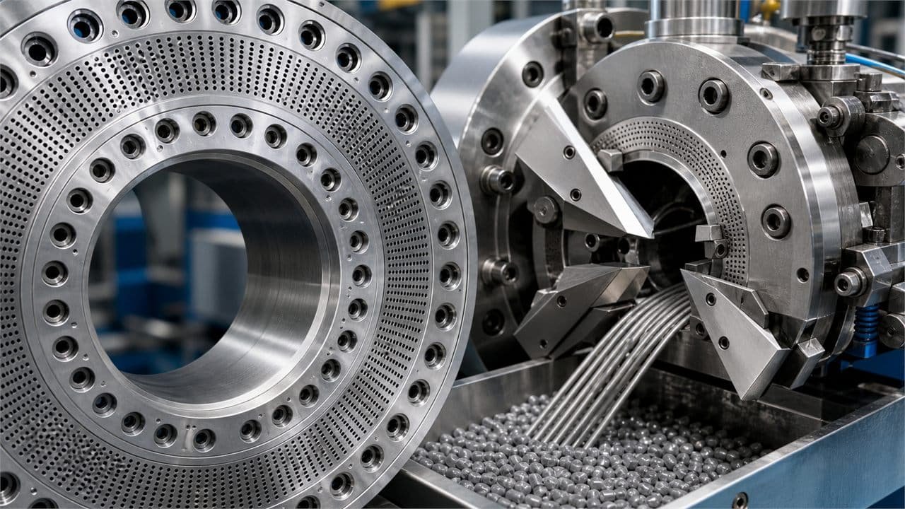 Pelletizer die plate hole pattern and cutting assembly